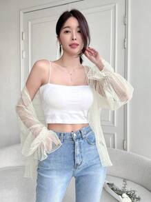 Mesh See-Through Polka Dot Blouse With Flared Sleeves - Apricot - View 5