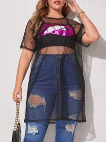 SHEIN CURVE+ Kích thước lớn Của phụ nữ Long lanh Môi Lưới Đầm - màu đen - Xem 1