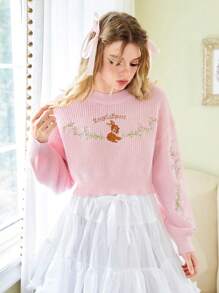 ROMWE Kawaii Của phụ nữ Dễ thương Thỏ , Lá thư , Hoa hồng , Và Thêu Tay áo lồng đèn Áo len - Hồng - Xem 9