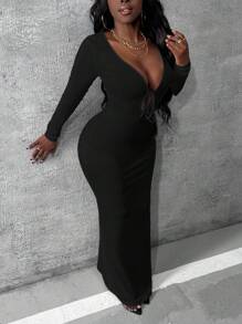 Slaydiva 情人節禮服音樂節假期新年服裝約會優雅性感女孩文化緊身長袖禮服舞會長袍茶會長袖性感半正式長款黑色彈性連衣裙 - 黑色 - 查看 7