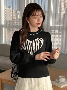 FRIFUL Pull à épaules tombantes avec imprimé lettres pour femmes, vêtements d'automne - Noir - Voir 1