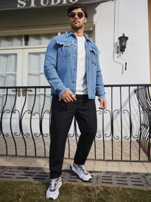 Manfinity Roughcore Frayed Edge Decor Button Up Denim Shirt - Baby Blue - View 4