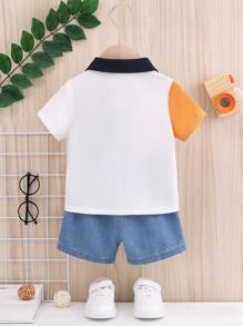 Baby Boy 2pcs/Set Stylish Spring/Summer Outfit, Color Block Short Sleeve Shirt And Washed Denim Shorts