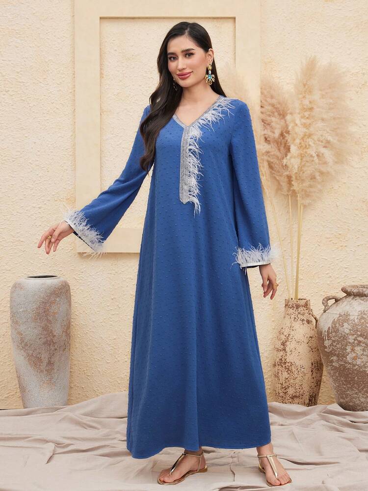 Feather Trim Bell Sleeve Swiss Dot Dress