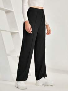 SHEIN Frenchy Women's Solid Color Straight Leg Pants - Black - View 2