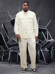 Manfinity Homme Men'S Plus Size Cargo Pocketed Long Sleeve Shirt And Pants Two Piece Set - White - View 6