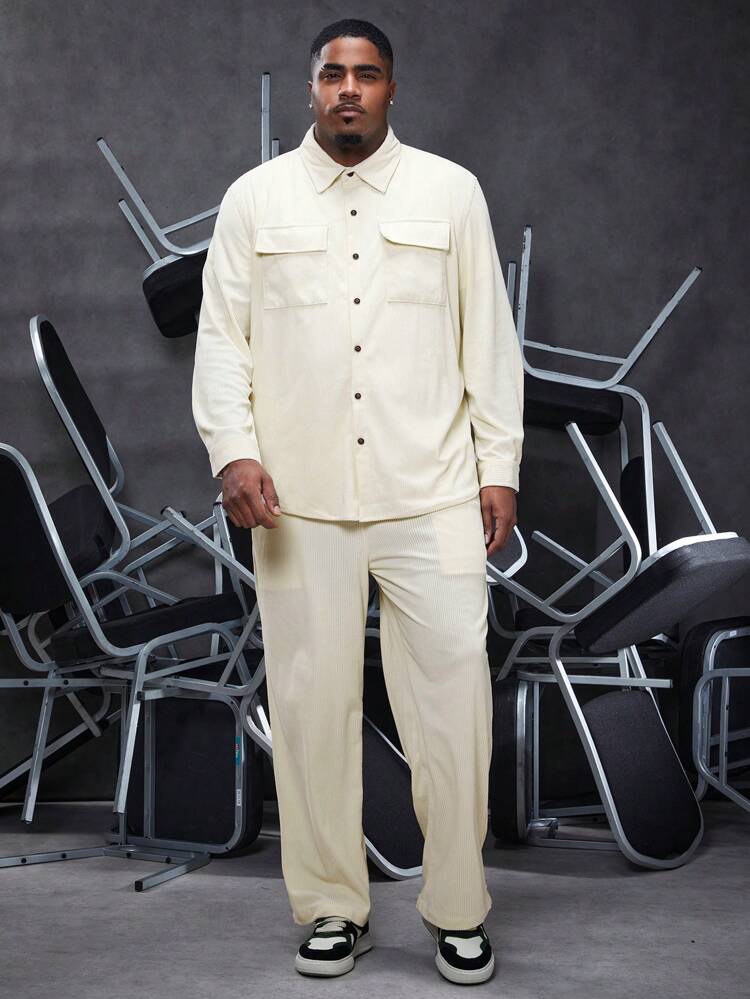 Men'S Plus Size Cargo Pocketed Long Sleeve Shirt And Pants Two Piece Set