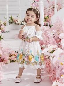 Đứa bé gái Rỗng Áo Bowknot Nghệ Embellished Lưới thêu Đầm - trắng - Xem 3