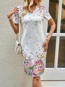 EMERY ROSE 女式夏季白色V領短袖花卉印花中長裙 - 彩色 - 查看 6