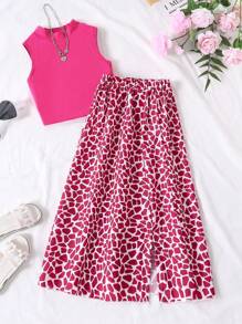 Teen Girl Solid Color Vest And Printed Knee-Length Skirt 2pcs/Set - Hot Pink - View 5