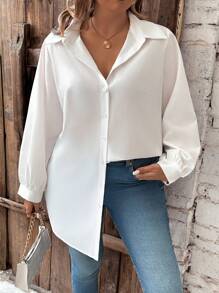 Calvaya 大尺寸純色長袖休閒襯衫 - 白色 - 查看 5