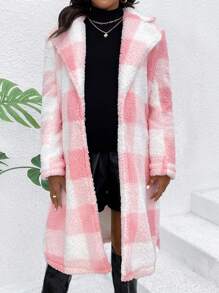 SHEIN Áo khoác dài tay kẻ caro lông cừu cho bà bầu, dành cho mùa đông - Hồng - Xem 4