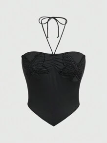 ROMWE Fairycore 女士夏季時尚蝴蝶刺繡領帶上衣 - 黑色 - 查看 1