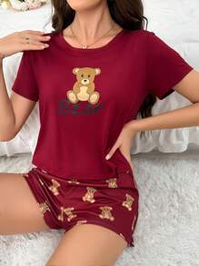 Women's Bear Print Short Sleeve And Shorts Pajama Set