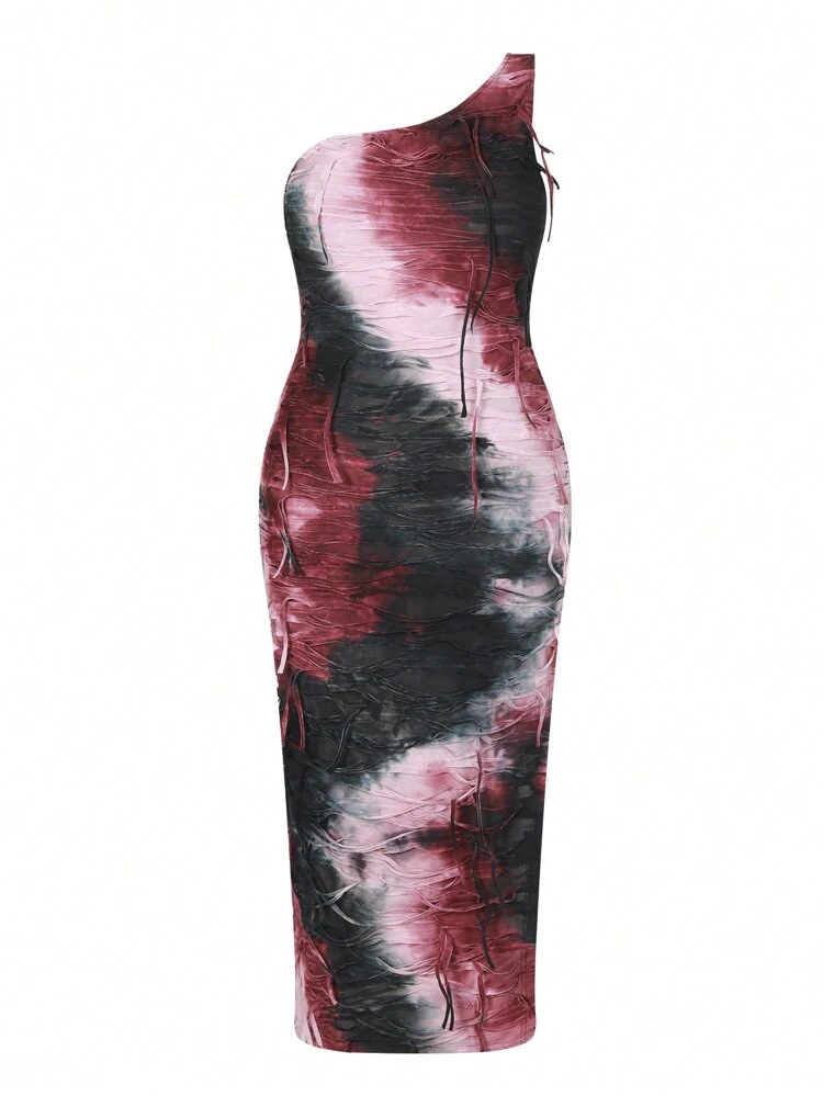 Bohemian Style Distressed Tie-Dye Plus Size Women'S One Shoulder Dress