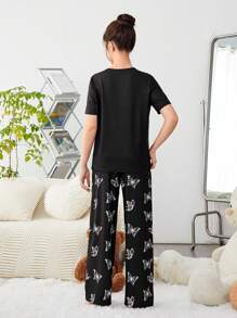 SHEIN 青少女針織蝴蝶印花t恤和長褲家居套裝 - 黑色 - 查看 2