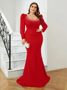 SHEIN Belle فستان سهرة رسمي على شكل حورية البحر مزين باللؤلؤ بحجم زائد بأكمام جيجوت - الأحمر - مشاهدة 2