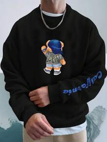 Manfinity Hypemode 男士寬鬆圓領泰迪熊和字母印花運動衫 - 黑色 - 查看 1