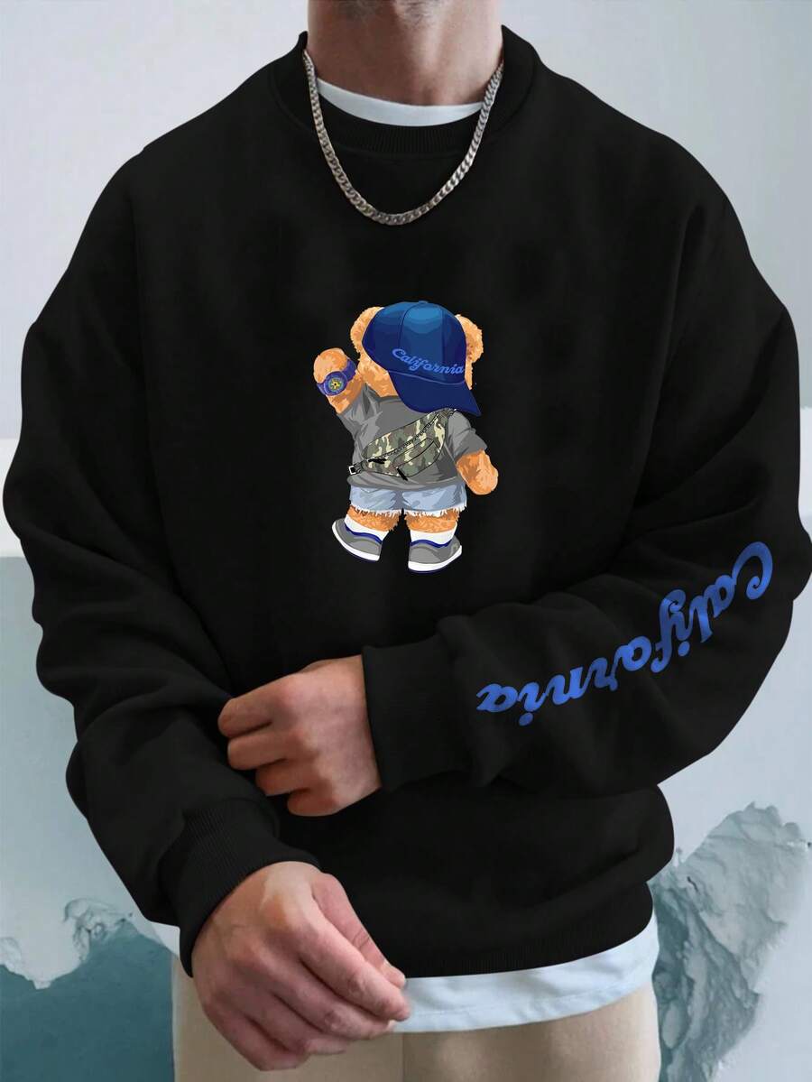 Manfinity Hypemode 男士寬鬆圓領泰迪熊和字母印花運動衫 - 黑色 - 查看 1