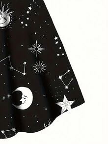 Cross Neck Design Moon & Star Print Casual Dress Spring/Summer Wear - Black - View 3