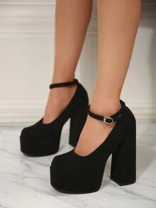 女仙女風高跟鞋防水台麂皮厚底瑪莉珍粗跟高跟鞋春秋鞋 - 黑色 - 查看 4