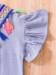 Tween Girl V-Neck Tassel Ruffled Striped Dress