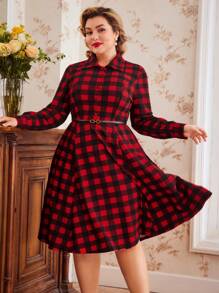 SHEIN DECDS Plus Size長袖格紋襯衫裙 - 紅色 - 查看 1