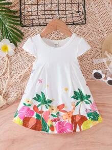 Baby Girl Animal & Tropical Print Dress - White - View 1