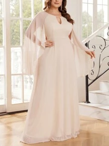 SHEIN Belle Plus Size Notched-Neckline, Elegant Bridesmaid Dress With Large Hemline Sleeves Long Sleeve Dress