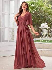 UNITHORSE V-Neck Ruched Chiffon Bridesmaid Dress - Redwood - View 4