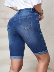 SHEIN LUNE Damenshorts Aus Jeansstoff Mit Taschen - Blau - Übersicht 2