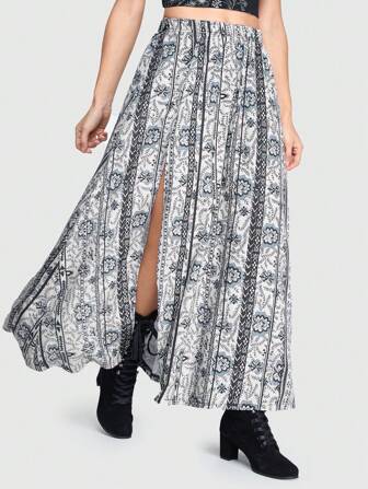 Bohemian Gothic Style Full Print High Slit Women's Skirt