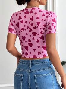 SHEIN EZwear Camiseta Ajustada De Punto Rosada Con Estampado De Corazón Para Mujeres - Multicolor - Ver 2