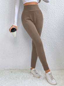 SHEIN Frenchy 純色高腰長打底褲 - 灰色 - 查看 3