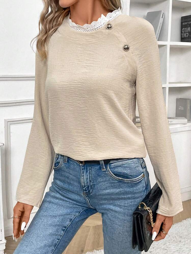 Ladies' Lace Trim Button Up Shirt Winter Casual