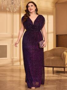 Plus Size Women V-Neck Sequined Party Dress Wedding Guest Dress Formal Dress Evening Dress,Gown - 紫色 - 查看 3