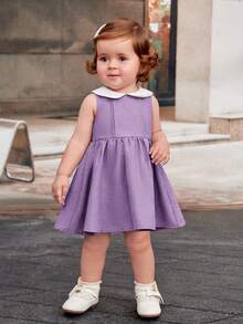 SHEIN 女婴休闲宽松拼色连衣裙，彼得潘领，松紧腰，褶皱 - 淡紫色 - 查看 3