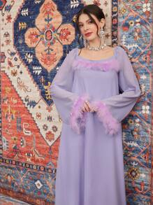 Al Najma 女士拼接長袖阿拉伯傳統長袍 - 淡紫色 - 查看 7