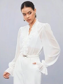 BizChic Women's Autumn Ruffle Hem Long Sleeve Blouse, Urban Commute Office Business Casual Elegant Lady Formal Shirt Top - White - View 7