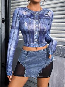SHEIN ICON 女款 Y2k 牛仔效果撞色网眼迷你裙 - 彩色 - 查看 1