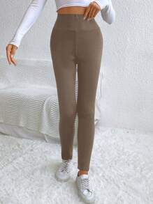 SHEIN Frenchy 純色高腰長打底褲 - 灰色 - 查看 5