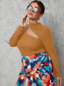 SHEIN Privé 大尺碼立領鏤空長袖t卹 - 卡其色 - 查看 3
