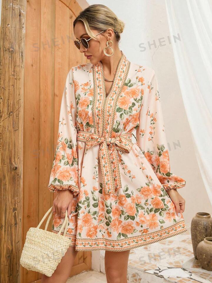 SHEIN VCAY Robe Pour Femmes A Manches Longues Avec Imprime Floral Et Taille Definie Mode en ligne SHEIN FRANCE