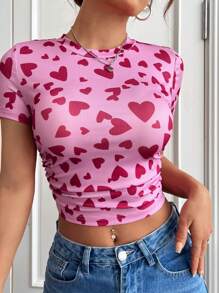 SHEIN EZwear Camiseta Ajustada De Punto Rosada Con Estampado De Corazón Para Mujeres - Multicolor - Ver 3