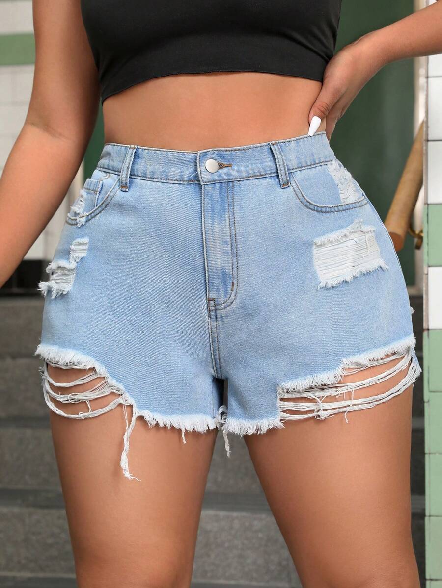 SHEIN EZwear Plus Size Ripped Denim Shorts - Light Wash - View 1
