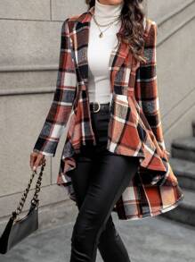 SHEIN LUNE 女式格紋不對稱下擺羊毛外套 - 咖啡棕 - 查看 1