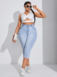 SHEIN SXY Kích thước lớn Của phụ nữ Frayed Hem Capri Quần jean - Màu xanh lam - Xem 4