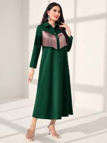 Al Najma Ladies' Fringed Patchwork Long Sleeve Shirt Dress - Dark Green - View 5