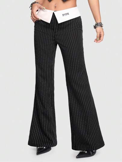 Pantalon Rayé Taille Haute Pour Femme Avec Ceinture Pliée