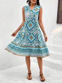 SHEIN Frenchy 女士無袖凸口領裙,全身印花 - 彩色 - 查看 4